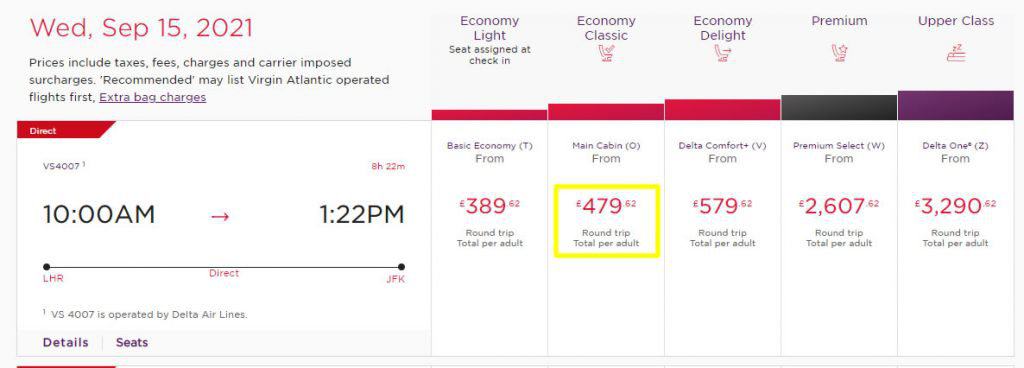 Virgin Flights to New York in Economy with Cash (Comparison)