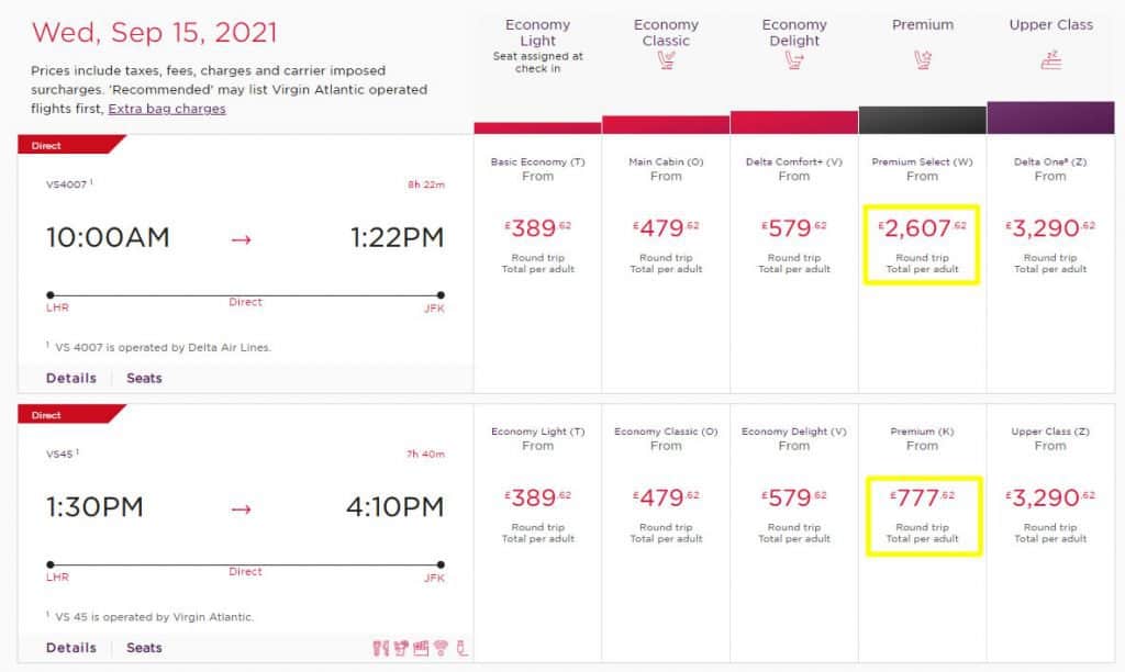 Virgin Flights to New York in Premium Economy with Cash (Comparison)