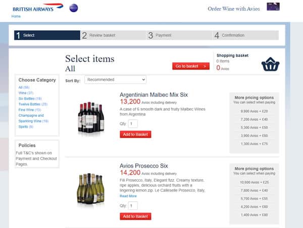 Wine available to buy with Avios