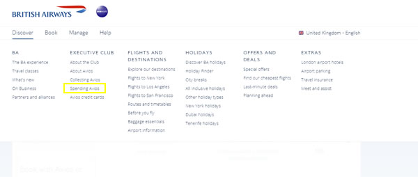 Spending Avios Menu Option