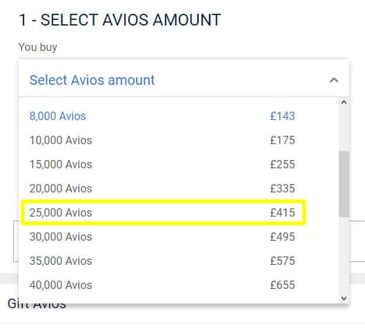 Cost to Buy 25,000 Avios